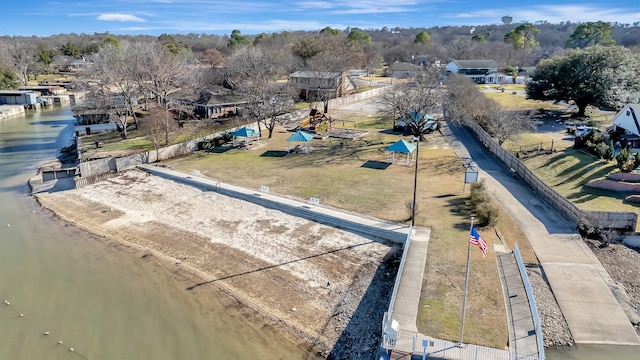 aerial view featuring a residential view and a water view