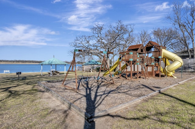 communal playground with a water view and a gazebo