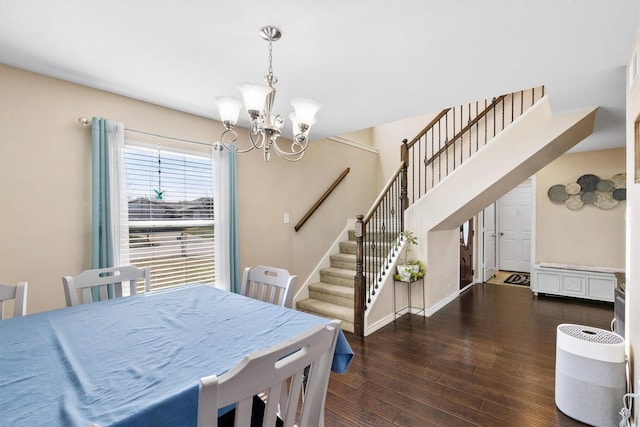 dining area featuring baseboards, dark wood-type flooring, stairway, and a notable chandelier