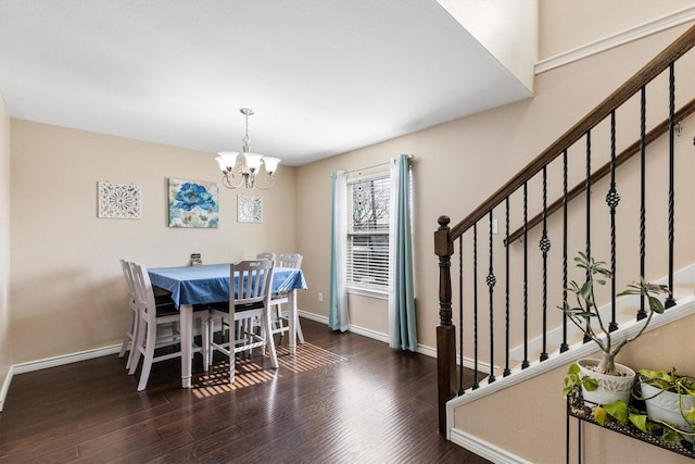 dining area with stairs, dark wood-type flooring, an inviting chandelier, and baseboards