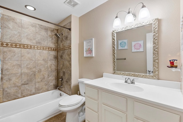 bathroom with shower / bath combination, visible vents, toilet, and vanity