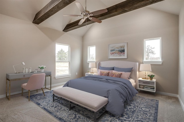 carpeted bedroom with vaulted ceiling with beams, baseboards, and ceiling fan