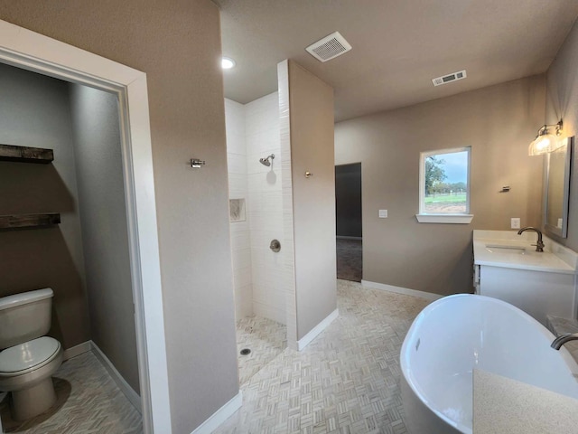 full bathroom featuring baseboards, visible vents, toilet, and walk in shower