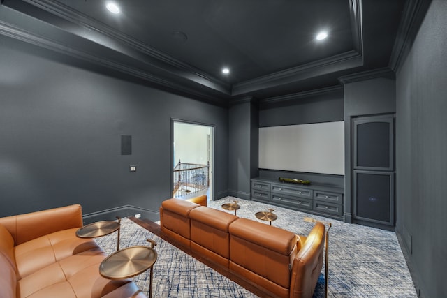 cinema room featuring baseboards, recessed lighting, and crown molding