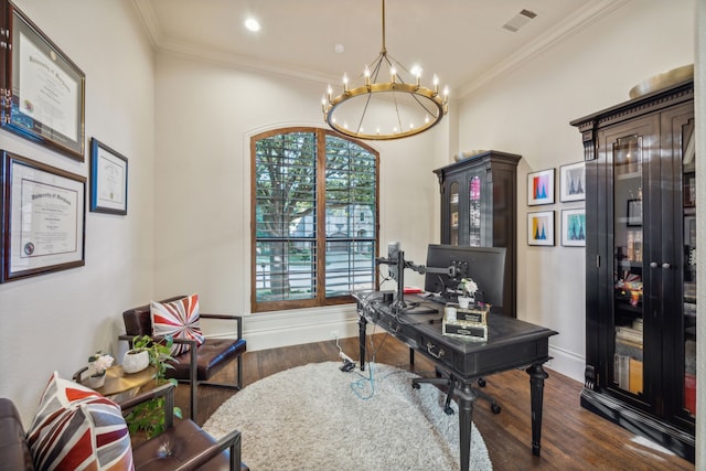 home office featuring baseboards, a notable chandelier, ornamental molding, and dark wood-type flooring