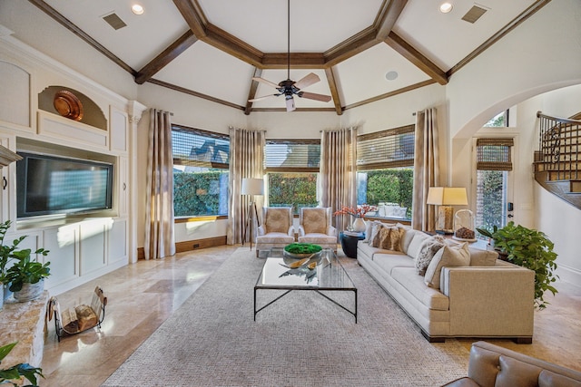 living area with visible vents, high vaulted ceiling, crown molding, and beamed ceiling