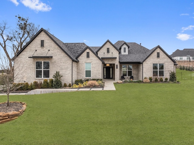 french provincial home with roof with shingles, a front lawn, and brick siding