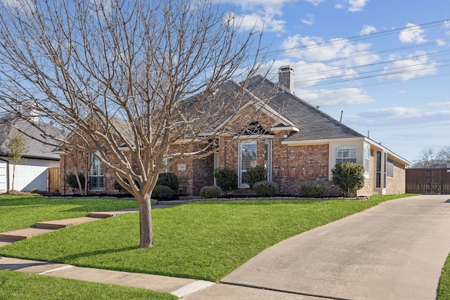 ranch-style house featuring a front yard, brick siding, fence, and a chimney