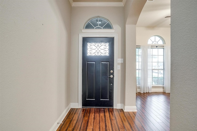 foyer with ornamental molding, a textured wall, dark wood-type flooring, and baseboards