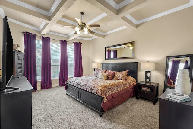 bedroom featuring light carpet, coffered ceiling, ceiling fan, beamed ceiling, and crown molding