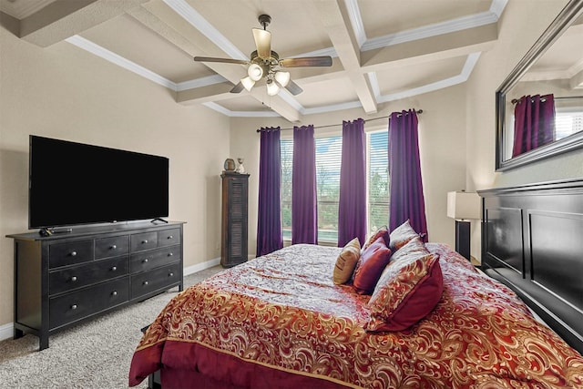 bedroom featuring light carpet, baseboards, coffered ceiling, and beamed ceiling