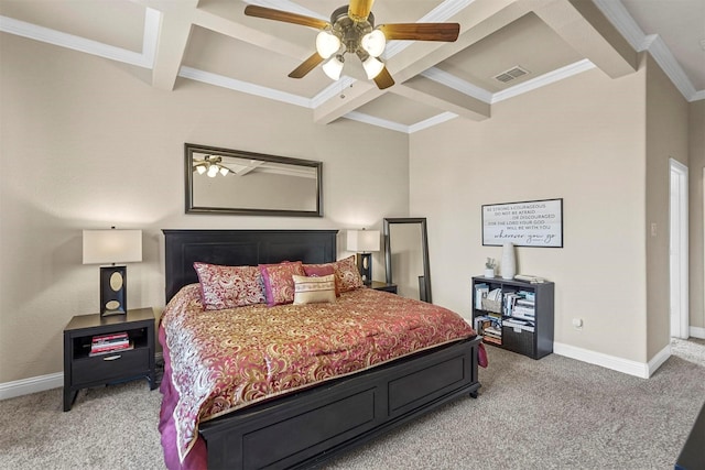 bedroom featuring light carpet, baseboards, coffered ceiling, and beam ceiling