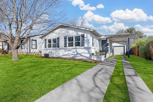 view of front of home with driveway, central AC, a front yard, and fence