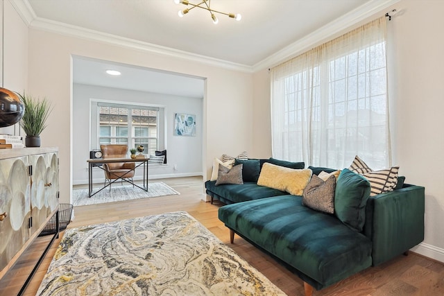 2840 Killdeer Trl, Prosper, TX 75078 - living room with crown molding, wood finished floors, a chandelier, and baseboards