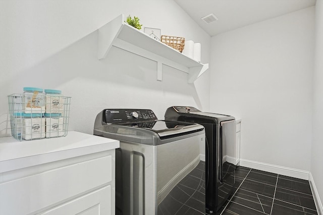 2840 Killdeer Trl, Prosper, TX 75078 - laundry area featuring separate washer and dryer, baseboards, and dark tile patterned floors
