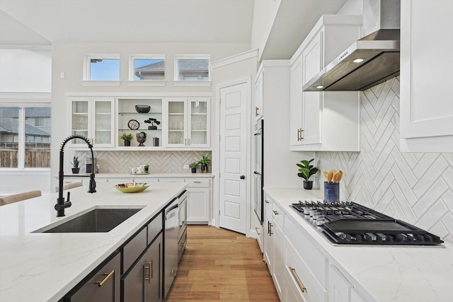 2840 Killdeer Trl, Prosper, TX 75078 - kitchen with wall chimney exhaust hood, a sink, stainless steel appliances, and white cabinetry