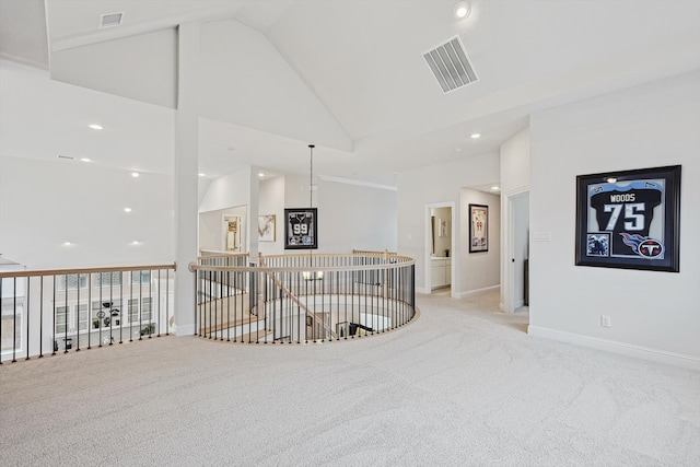 2840 Killdeer Trl, Prosper, TX 75078 - corridor with high vaulted ceiling, carpet, recessed lighting, an upstairs landing, and baseboards
