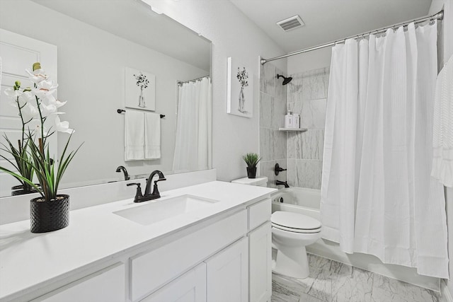 2840 Killdeer Trl, Prosper, TX 75078 - bathroom with vanity, toilet, shower / bathtub combination with curtain, and marble look tile flooring