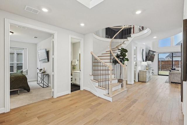2840 Killdeer Trl, Prosper, TX 75078 - stairway with hardwood / wood-style floors, baseboards, and recessed lighting