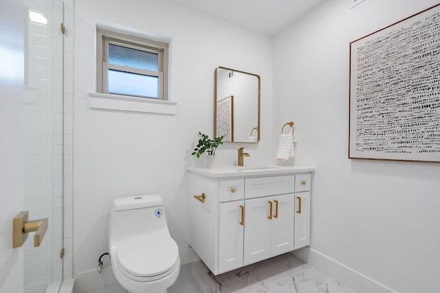 full bath featuring toilet, marble finish floor, baseboards, and vanity