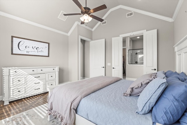 bedroom with a ceiling fan, visible vents, vaulted ceiling, and crown molding