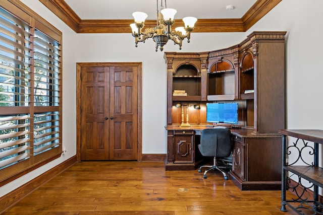 office with ornamental molding, dark wood finished floors, and baseboards