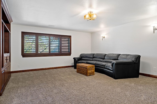 living room with visible vents, baseboards, and carpet flooring