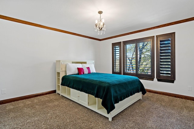 carpeted bedroom with crown molding, baseboards, and an inviting chandelier