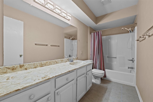 full bath with visible vents, toilet, tile patterned flooring, shower / bath combination with curtain, and vanity