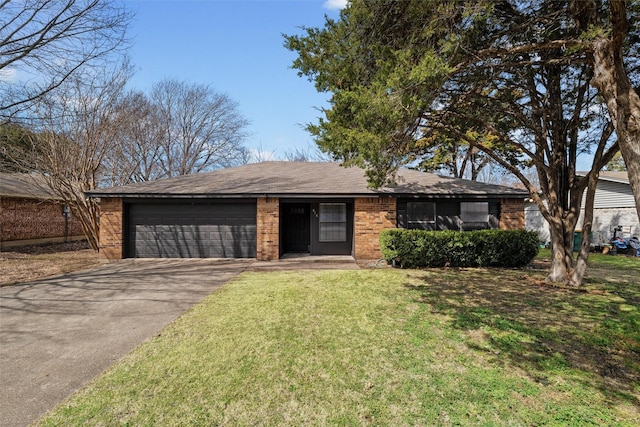 ranch-style home with a garage, brick siding, driveway, and a front lawn