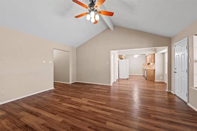 unfurnished living room featuring vaulted ceiling with beams, dark wood-style floors, ceiling fan, and baseboards