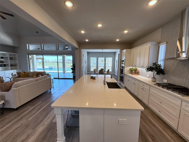 kitchen featuring a sink, dark wood-style floors, open floor plan, stainless steel appliances, and white cabinets