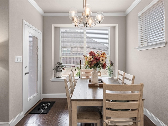 dining area with baseboards, dark wood-style flooring, and crown molding