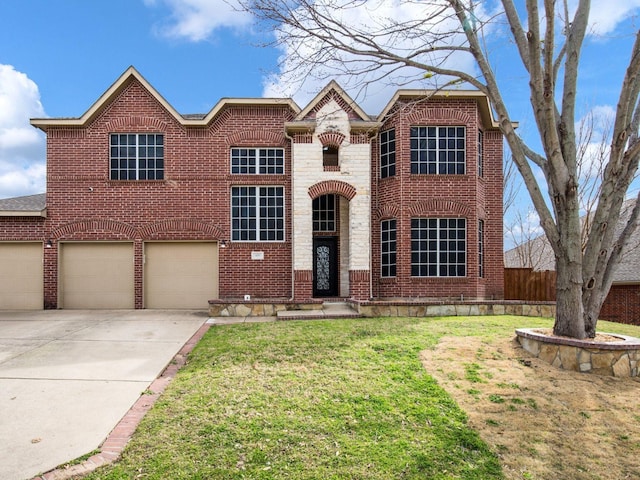 view of front of home with fence, an attached garage, concrete driveway, a front lawn, and brick siding