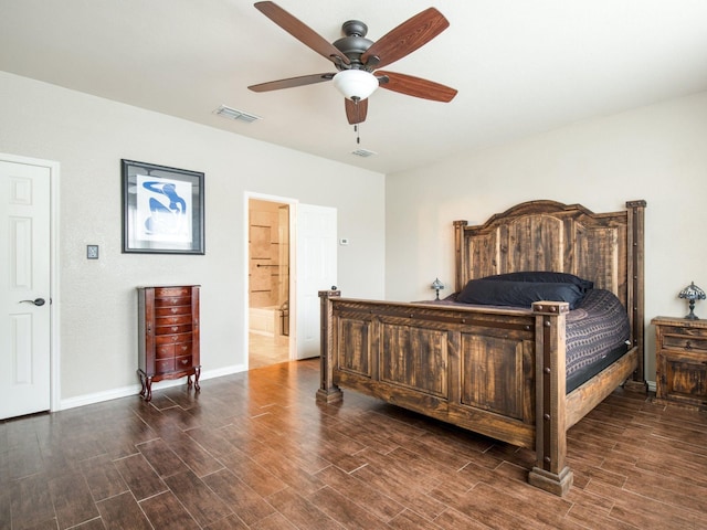 bedroom with visible vents, a ceiling fan, baseboards, and wood tiled floor