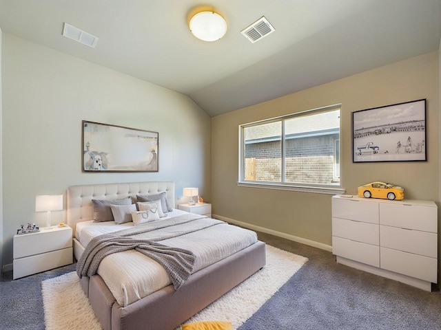 bedroom featuring vaulted ceiling, dark carpet, visible vents, and baseboards