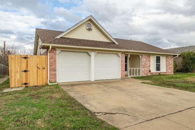 single story home featuring driveway, brick siding, an attached garage, and a shingled roof