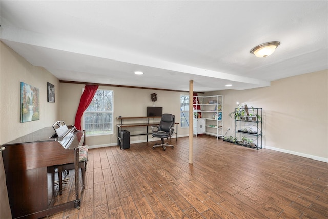 office area featuring recessed lighting, wood finished floors, and baseboards