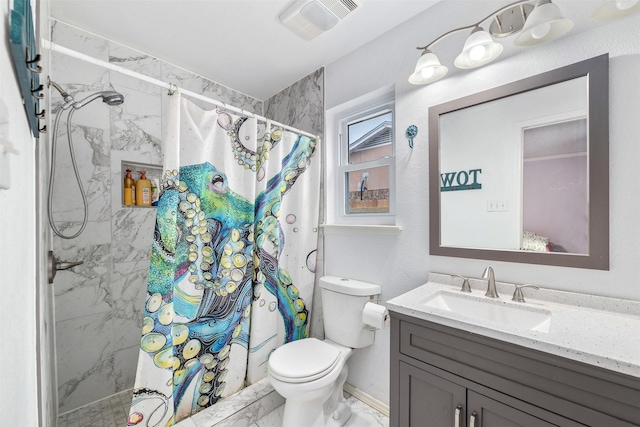 full bathroom featuring visible vents, toilet, marble finish floor, curtained shower, and vanity