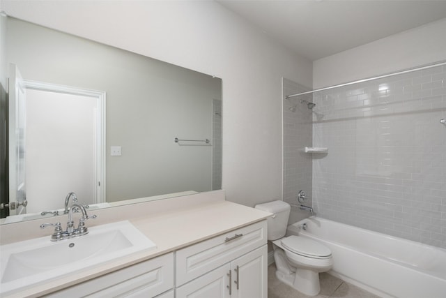 bathroom featuring toilet, shower / bathtub combination, tile patterned flooring, and vanity