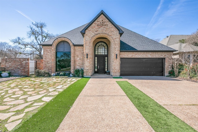 view of front of house with a garage, concrete driveway, a shingled roof, and brick siding