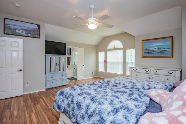 bedroom featuring vaulted ceiling, wood finished floors, a ceiling fan, and baseboards