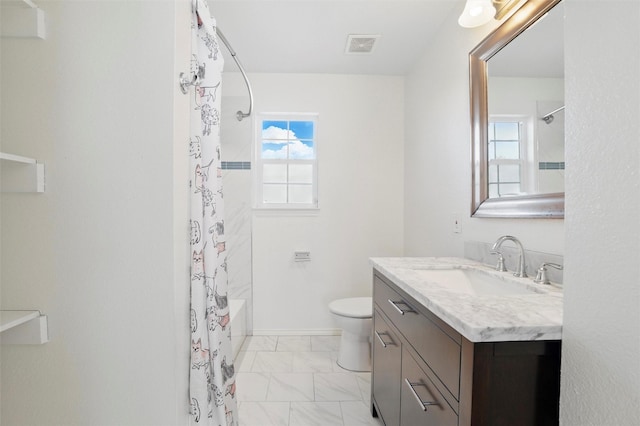 6500 High Brook Dr, Fort Worth, TX 76132 - bathroom with visible vents, marble finish floor, toilet, vanity, and shower / tub combo