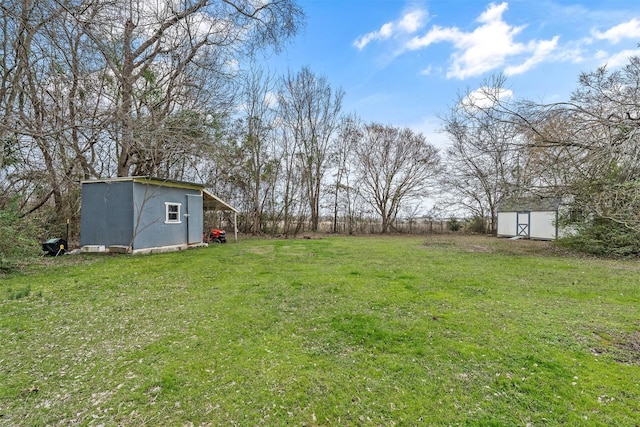 view of yard with an outdoor structure and a storage shed