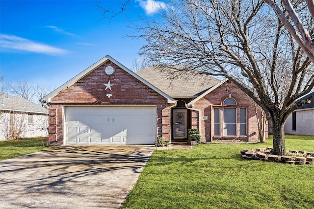 ranch-style home featuring a front yard, brick siding, driveway, and an attached garage