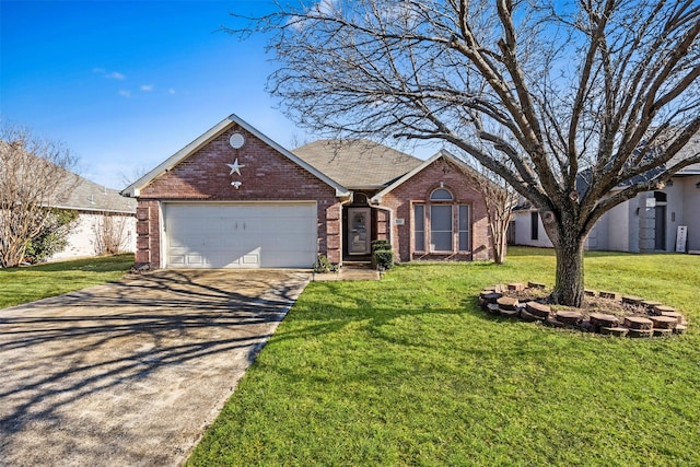 ranch-style home featuring a garage, driveway, brick siding, and a front yard