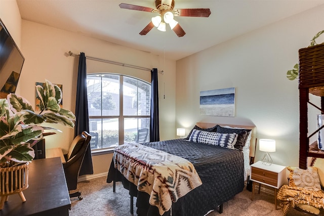 bedroom with ceiling fan and carpet flooring