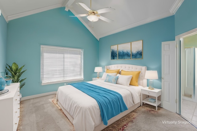 carpeted bedroom with lofted ceiling with beams, baseboards, ornamental molding, and a ceiling fan