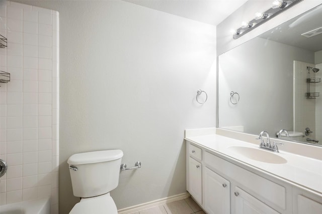 bathroom featuring shower / bathtub combination, toilet, vanity, visible vents, and tile patterned floors