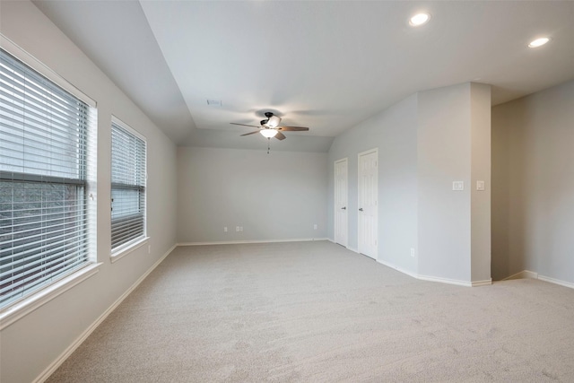 unfurnished room with light carpet, visible vents, baseboards, ceiling fan, and recessed lighting